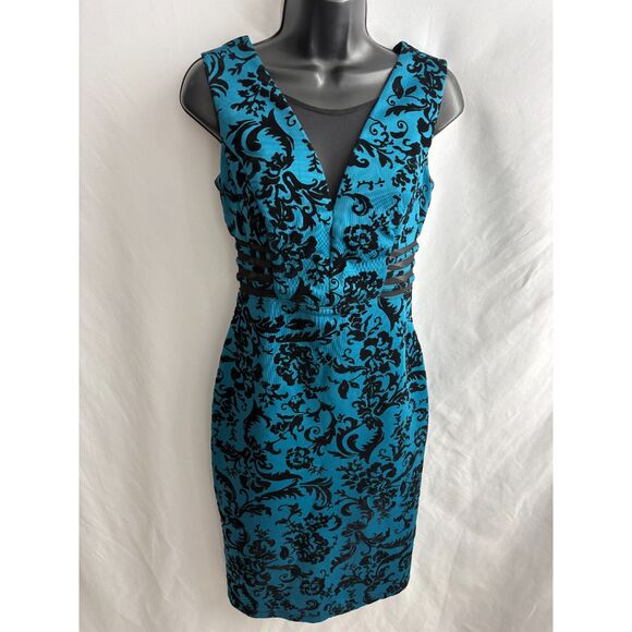 Enfocus Studio Midi Bodycon Cocktail Dress Size 4 Teal Black Floral Mesh Insert - Picture 1 of 9